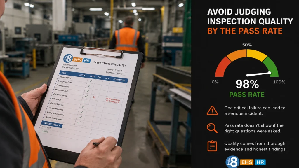 Inspector with a checklist beside a gauge showing a 98% pass rate: avoid judging inspection quality by the pass rate