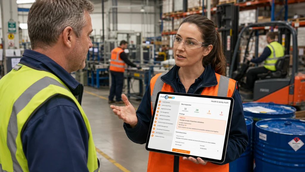 Two colleagues in hi-vis discussing a health and safety audit on a tablet in a warehouse