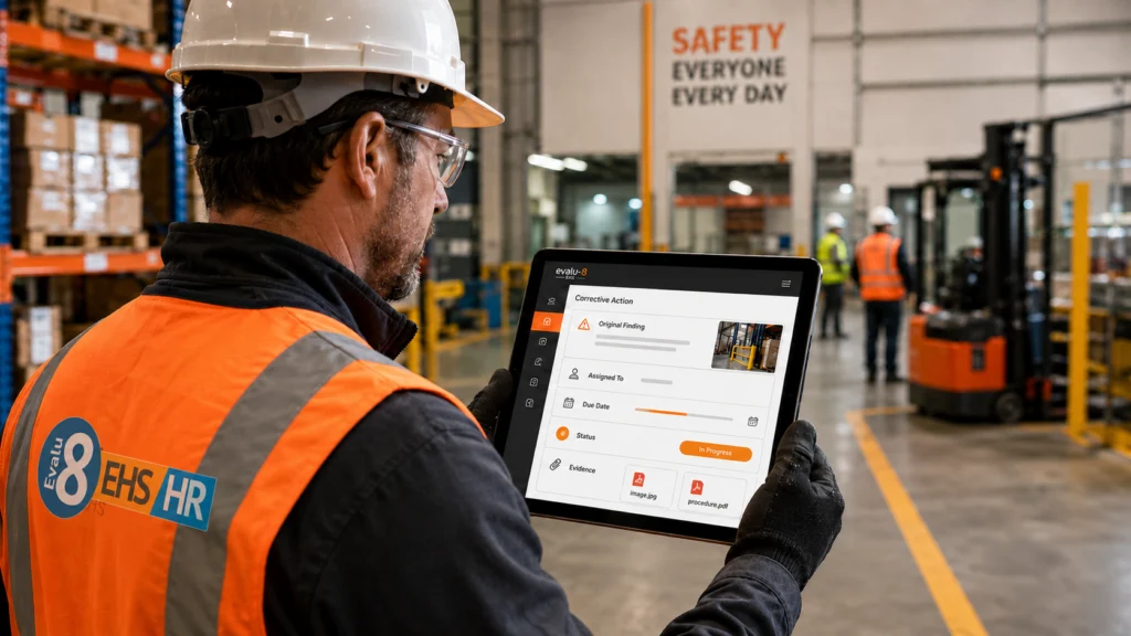 Worker in an Evalu-8 hi-vis vest holding a tablet showing a corrective action in a warehouse