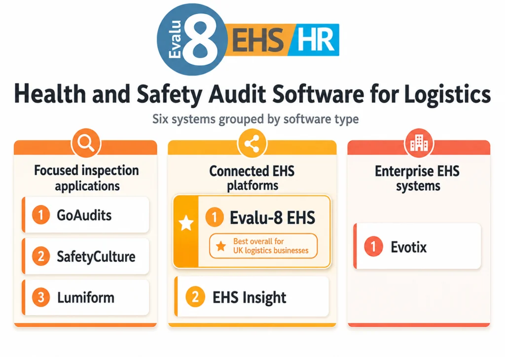 Infographic: six health and safety audit systems for logistics, grouped by software type