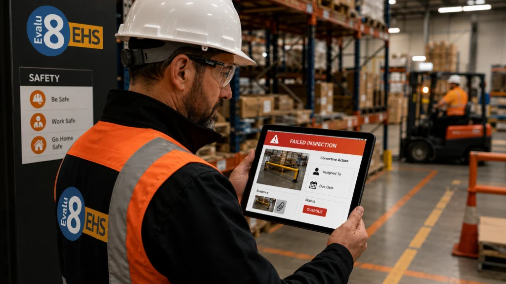 Warehouse inspector holding a tablet showing a failed inspection with an overdue corrective action