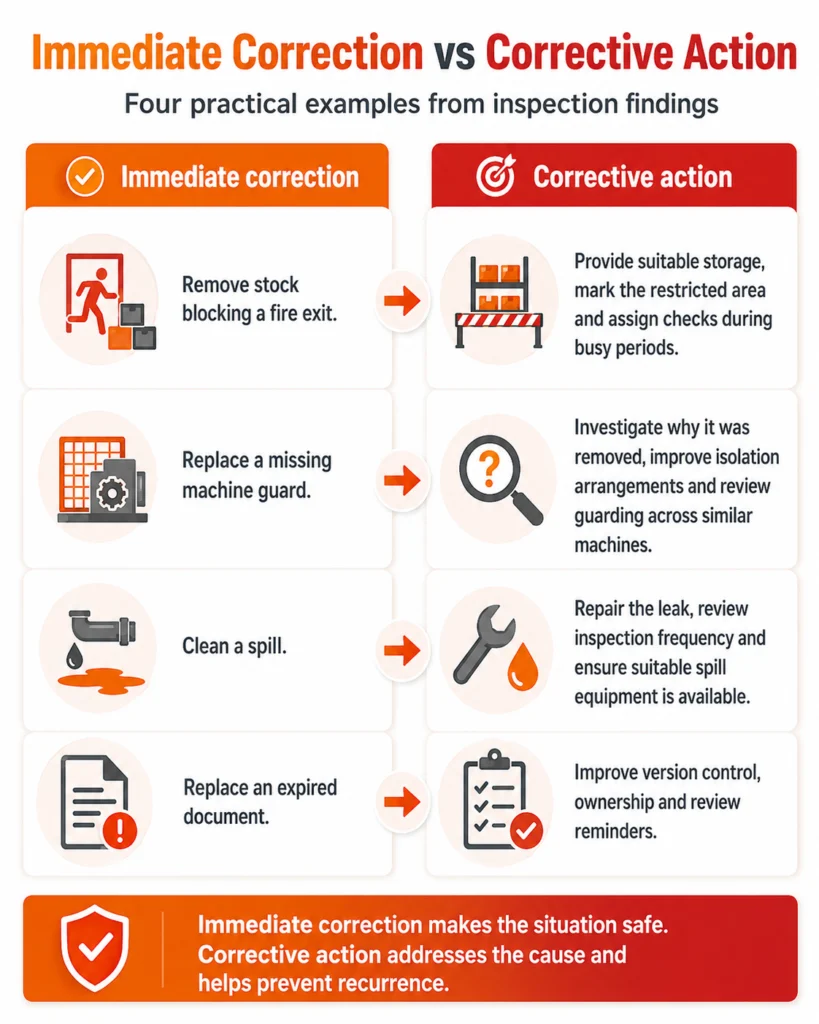 Infographic: immediate correction versus corrective action, four examples from inspection findings