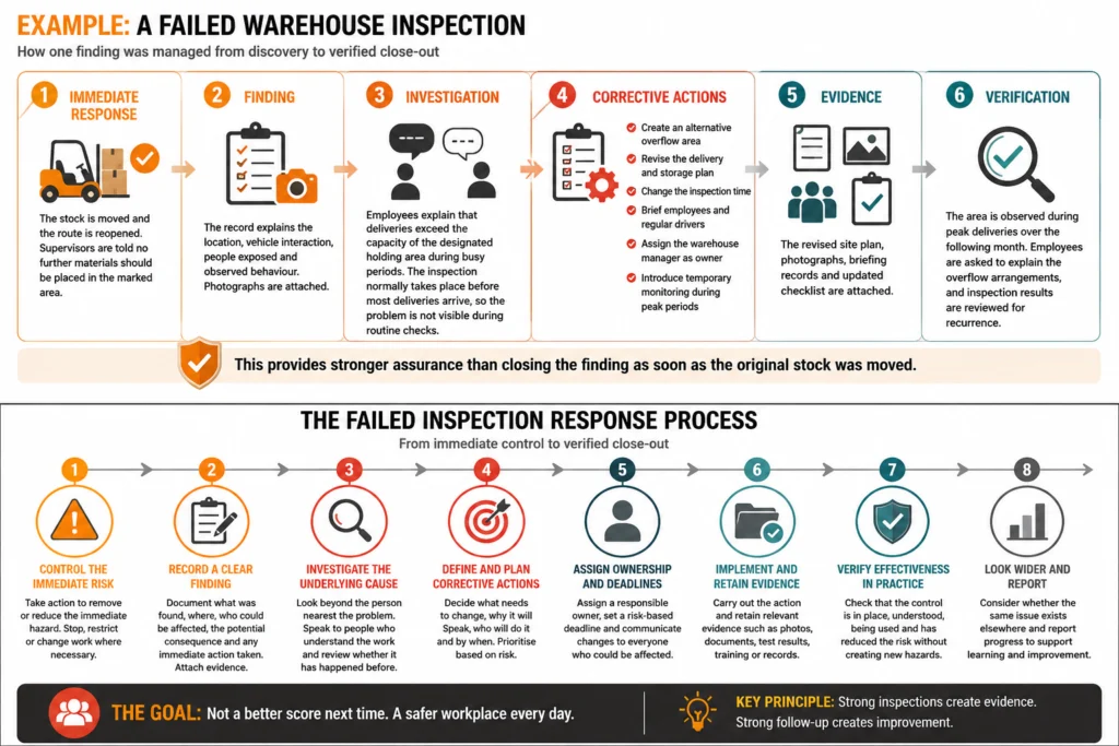 Infographic: example of a failed warehouse inspection handled from discovery to verified close-out